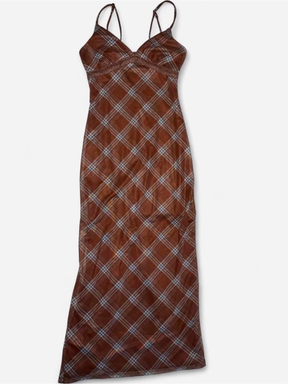 Planet Heart Brown Plaid Mesh Maxi Dress - Size L - Y2K Back Slit - NWT